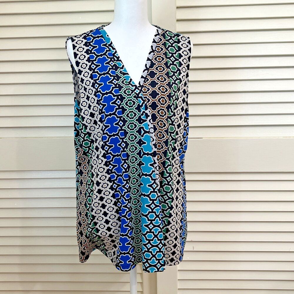 Dana Buchman Womens XL Blue Green Geometric Print Sleeveless Tunic Blouse